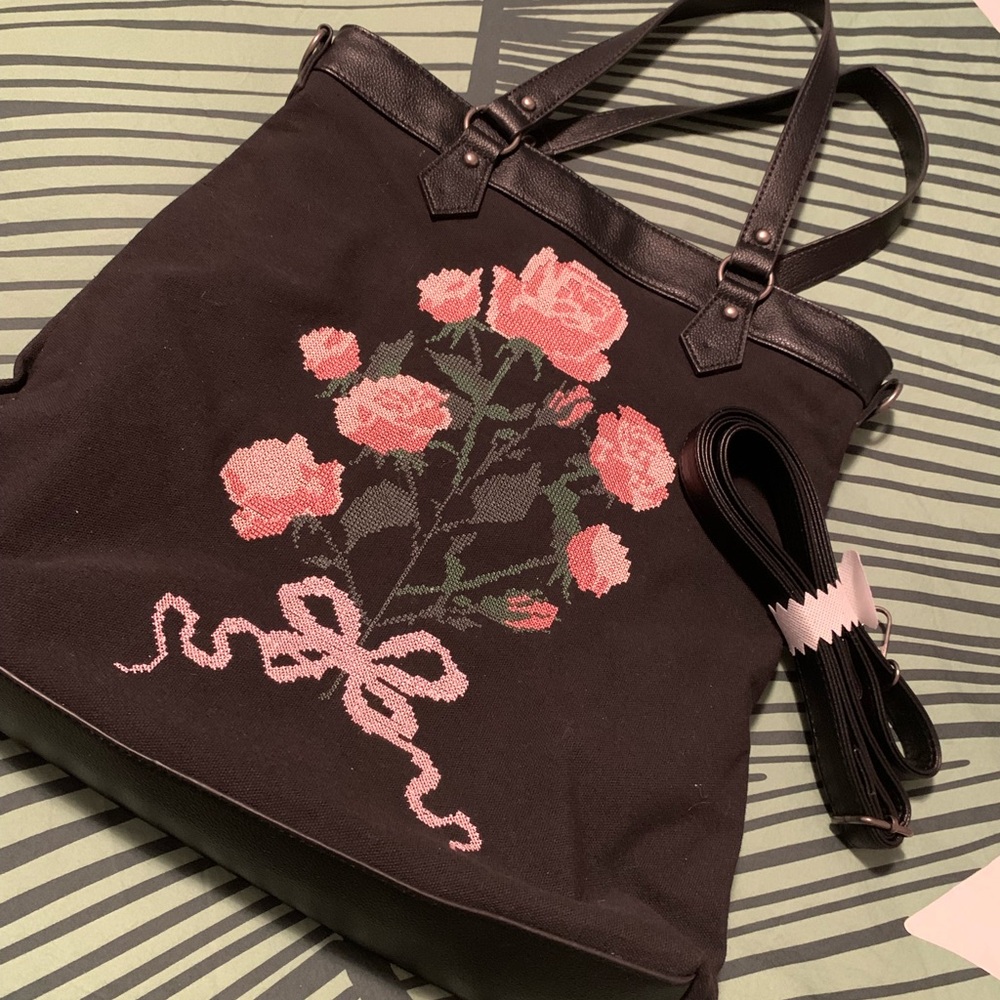 Floral Embroidered Black Tote/Knitting Bag